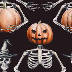 Seamless pattern with skeletons and pumpkins, Jack's head. Halloween pattern. Skeleton in a witch's hat holds a pumpkin. Watercolor illustration on a dark background. Hand drawn.