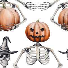 Seamless pattern with skeletons and pumpkins, Jack's head. Halloween pattern. Skeleton in a witch's hat holds a pumpkin. Watercolor illustration. Hand drawn.
