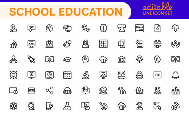 Education set of web icons in line style. Learning icons for web and mobile app. E-learning, video tutorial, knowledge, study, school, university, webinar, online education.