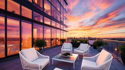 Stylish Terrace with Sunset and Glass Walls

