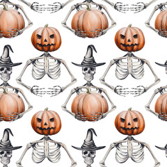 Seamless pattern with skeletons and pumpkins, Jack's head. Halloween pattern. Skeleton in a witch's hat holds a pumpkin. Watercolor illustration. Hand drawn.