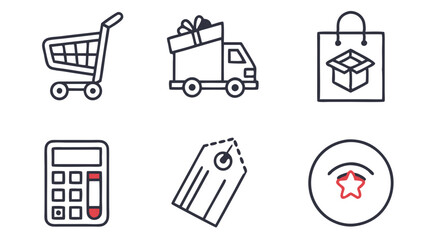 Collection of shopping related icons including a cart, delivery truck, bag, calculator, tag and badge