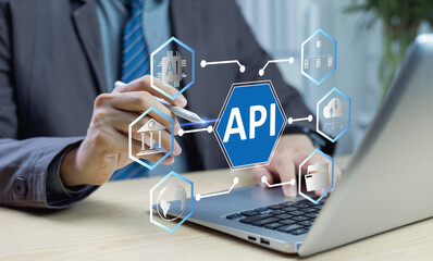 Application Programming Interface API concept. Person interacting with API icon symbolizing data...