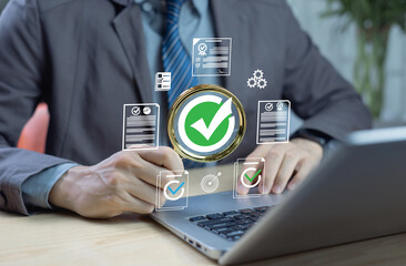 Quality assurance and certification compliance concept. Magnifying glass with checkmark and business icons symbolizing standards, certified documents, and regulatory compliance.