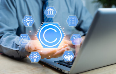 Copyright icon with legal, contractual, and tech symbols representing patents, IP rights, and...