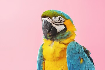 Majestic yellow and blue macaw stands proudly against a vibrant pink backdrop, Majestic yellow and blue macaw, isolated against a pastel pink background for a tropical vibe