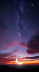Fototapeta premium Crescent Moon and Milky Way at Sunset A Breathtaking Celestial Landscape