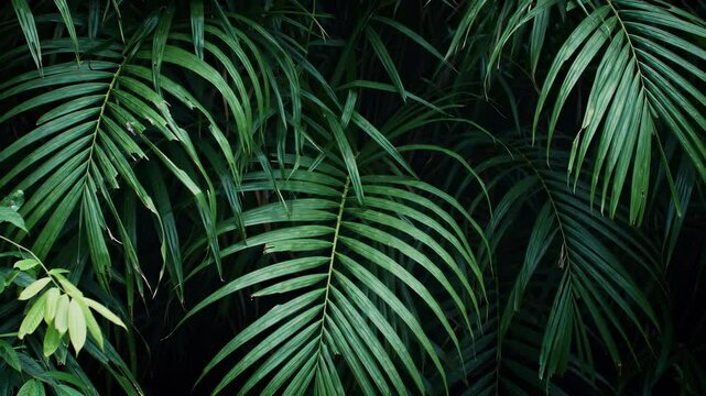 Lush green tropical leaves and palm fronds create a dense natural foliage background, showcasing vibrant patterns in a jungle environment.