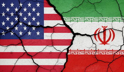Dramatic and symbolic illustration of geopolitical tension between the United States and Iran....