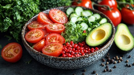 Vibrant salad bowl filled with sliced tomatoes, cucumber, kale, avocado, and red pepper flakes