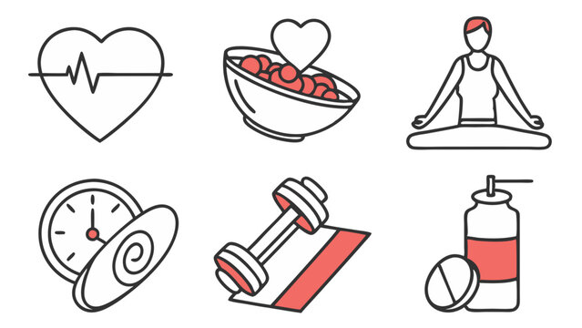 Collection of health and wellness themed graphics showing heart rate bowl of food yoga and exercise items