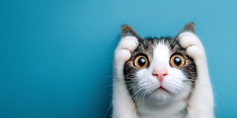 Surprised Tabby Cat: A wide-eyed tabby with white markings holds its paws up to its head in a comical expression of shock or surprise against a solid blue backdrop.