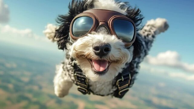 A cheerful black and white miniature sheepadoodle enjoys an exhilarating skydive, wearing aviator goggles while freely flying through the clear blue sky.