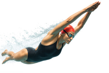 Underwater perspective of female swimmer diving forward in black suit