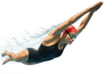 Underwater perspective of female swimmer diving forward in black suit