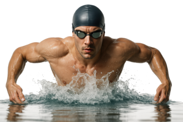 Intense male swimmer rising from water in competitive breaststroke