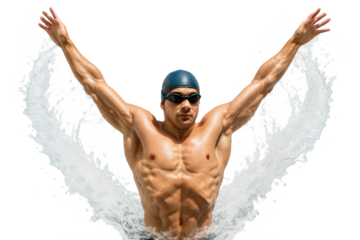 Triumphant male swimmer emerging from water with raised arms pose