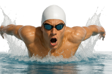 Focused male swimmer performing butterfly stroke in blue water