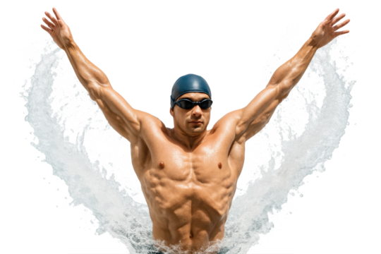 Triumphant male swimmer emerging from water with raised arms pose