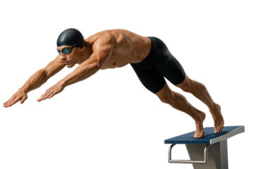 Male swimmer diving off starting block with extended arms and focus