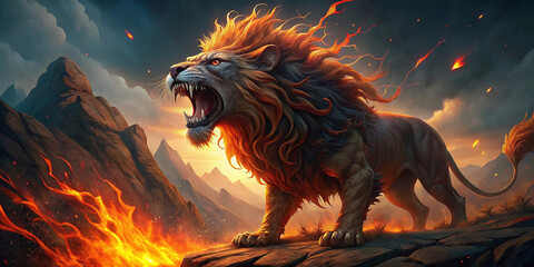 Blazing Roar-Majestic Lion with Burning Mane