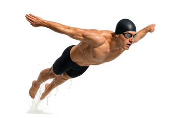 Athletic male swimmer soaring through air with splash after dive