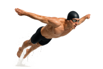 Athletic male swimmer soaring through air with splash after dive