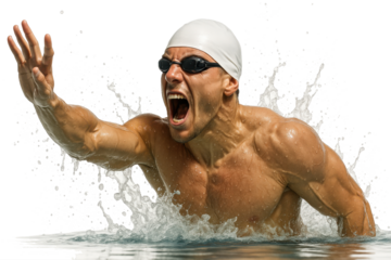 Male swimmer shouting in celebration with raised arm and water splash
