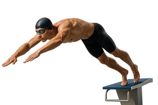 Male swimmer diving off starting block with extended arms and focus - Powered by Adobe