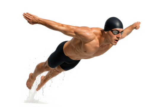Athletic male swimmer soaring through air with splash after dive