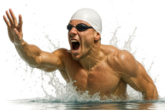 Male swimmer shouting in celebration with raised arm and water splash