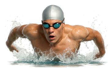 Male swimmer in silver cap with powerful arm thrust in butterfly form