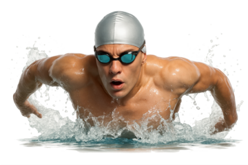Male swimmer in silver cap with powerful arm thrust in butterfly form