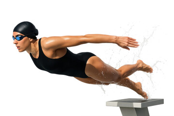 Female swimmer diving off starting block in streamlined black suit