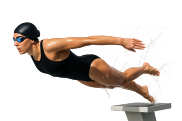Female swimmer diving off starting block in streamlined black suit