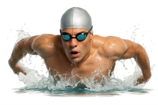 Male swimmer in silver cap with powerful arm thrust in butterfly form