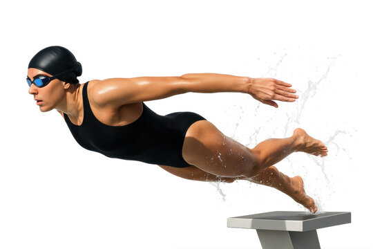 Female swimmer diving off starting block in streamlined black suit