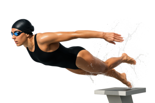 Female swimmer diving off starting block in streamlined black suit