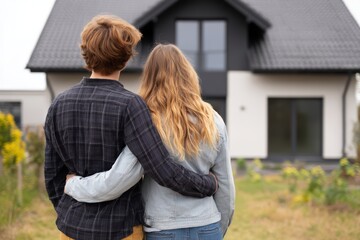 Young couple embracing in front of modern house with unique roof design and colorful plants, serene atmosphere.viewing their dream house as future home with garden.