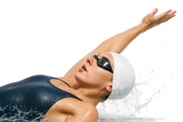 Female swimmer in white cap performing backstroke with raised arm