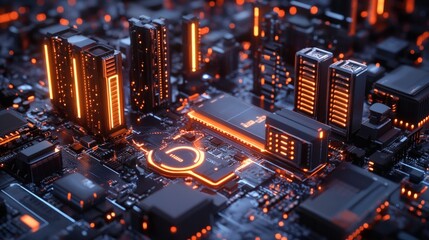 Fototapeta premium A futuristic digital cityscape built on a computer motherboard, illuminated in glowing neon blue lights. 3D blocks resembling data centers or servers are arranged like skyscrapers, with glowing 