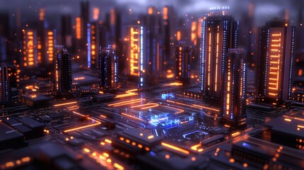 A futuristic digital cityscape built on a computer motherboard, illuminated in glowing neon blue lights. 3D blocks resembling data centers or servers are arranged like skyscrapers, with glowing 