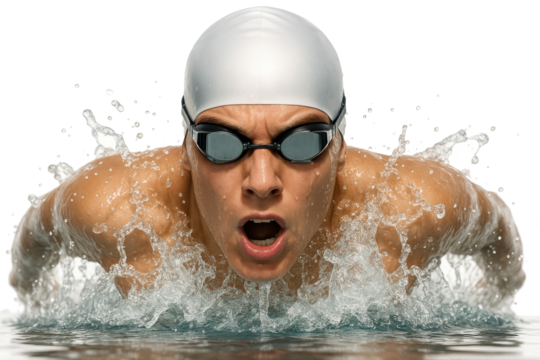 Intense male swimmer in white cap mid-butterfly stroke with splash