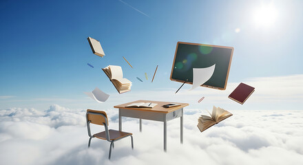 Surreal School Desk Floating on Clouds Education, Imagination, and Dreamscape