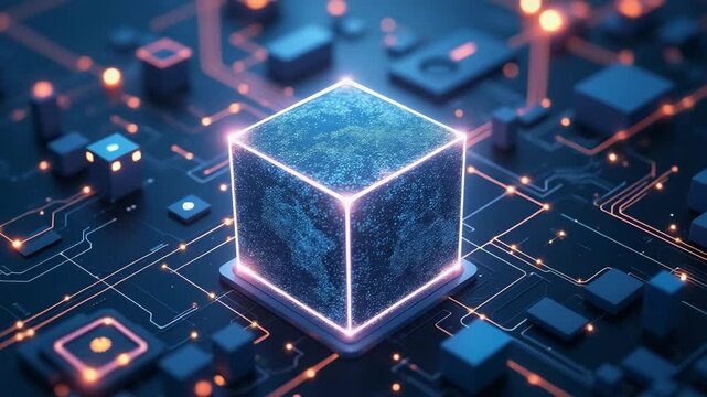 Glowing cube digital circuit futuristic technology artificial intelligence data processing neon light computer chip innovation cyberpunk electronic component, modern abstract high tech blue orange - Powered by Adobe
