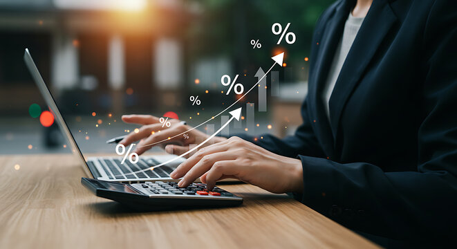 Business woman working on laptop and calculator