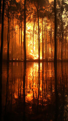 Forest fire rages intensely, with tall trees silhouetted against bright flames. fiery glow reflects dramatically on water, creating striking and intense scene