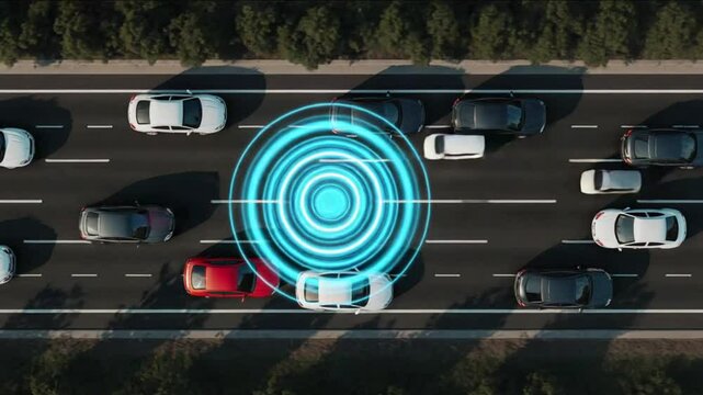 smart cars driving on the road, driverless vehicles, aerial top view from above