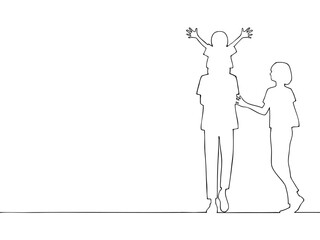 肩車をする親子の線画イラスト　仲良し家族の休日