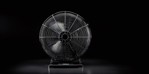 Elevated View of a Silver Circulating Fan with Visible Motion, Set Against a Plain Black Backdrop, Indoor Atmosphere, Cooling Appliance